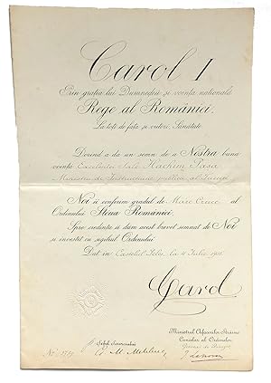 [ADS / ROYALTY / MEDAL] Autograph document signed 'Carol I', a medal reward certificate given to ...