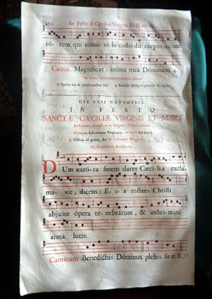 Antiphonal leaf handwritten in Latin. Feast of the Virgin 21st November canticle piece. Red and b...
