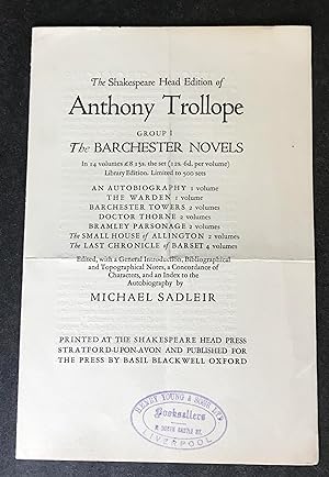 Original Prospectus for The Shakespeare Head Edition of Anthony Trollope The Barchester Novels [A...