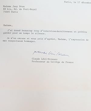 Lettre autographe datée, signée et adressée à Jani Brun depuis le Collège de France