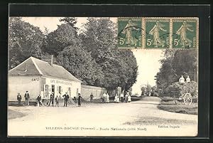 Carte postale Villers-Bocage, Route Nationale, Café Bernard Quevenne