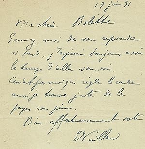 Lettre autographe signée d'Edouard Vuillard adressée à Bolette Natanson