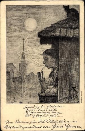 Künstler Ansichtskarte / Postkarte Thoma, Hans, Nr. 3, Mann raucht Pfeife am Dachfenster, Katze a...