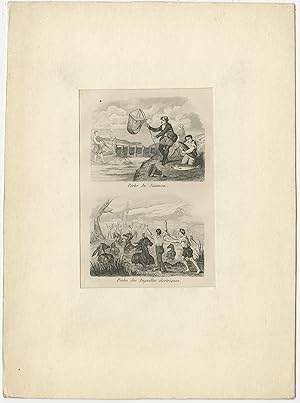 Antique Print of Salmon and Eel Fishing (c.1880)