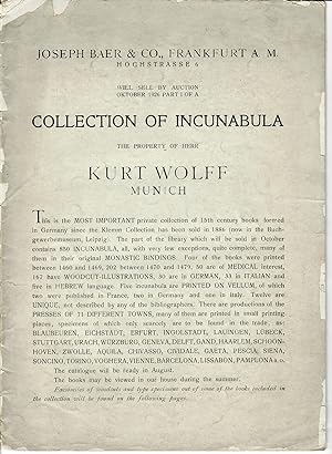 Collection of Incunabula; Will Sell by Auction October 1926 Part 1 of a Collection of Incunabula ...