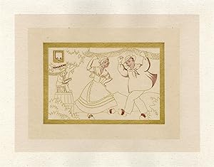 "AUVERGNE : Couple en costume régional" / Pochoir original sur papier calque entoilé (début 1900)