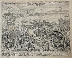 [Antique print; engraving, Rijswijk] Maurits welcomes Spinola in Rijswijk in 1608, published ca. ...