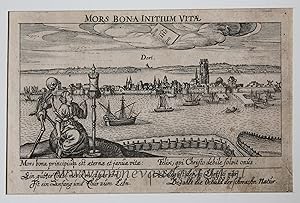 [Antique print, engraving, Dordrecht] MORS BONA INITIUM VITAE, View of Dordrecht, published 1624.