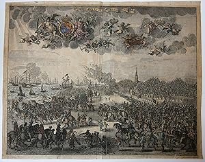 [Antique print, handcolored etching, The Hague, Scheveningen] The departure of Charles II from Sc...