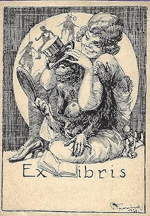 Entwurf eines Exlibris mit einem Affen in der Darstellung. Tusche 1921. Signiert und datiert.