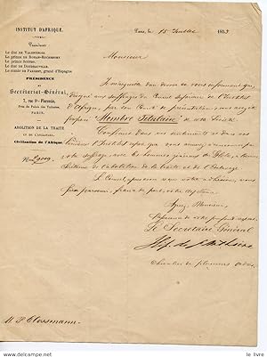 INSTITUT D'AFRIQUE. ABOLITION DE L'ESCLAVAGE. LAS 1853 SIGNEE HIPPOLYTE DE SAINT-ANTHOINE SUR UNE...