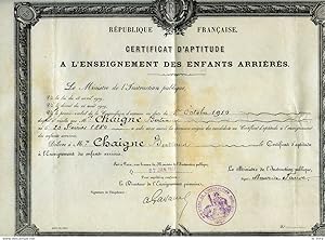 PARCHEMIN CERTIFICAT D'APTITUDE A L'ENSEIGNEMENT DES ENFANTS ARRIERES 1911 AUTOGRAPHE MAURICE-LOU...