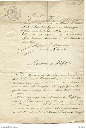 BORDEAUX 1829. LAS SYNDIC CONFRERIE DES PELERINS DE SAINT JACQUES DE COMPOSTELLE DEMANDANT LEURS ...