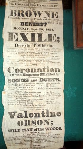 Theatre Royal Birmingham. Play-bill Broadside. 1824. Exiles or the Deserts of Siberia & other pie...
