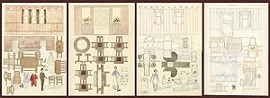 Original Art - 4 Dollhouse Rooms, Furniture and Paper Doll Occupants - Dining-Room, Sitting-Room,...