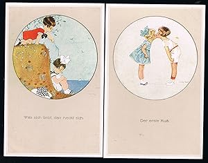 First Kiss/Love's Tease Children German Postcards x 2