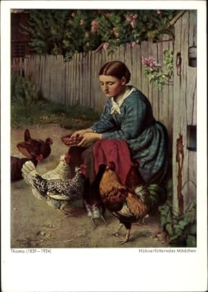 Künstler Ansichtskarte / Postkarte Thoma, Hans, Hühnerfütterndes Mädchen