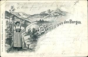 Ansichtskarte / Postkarte Gruß aus den Bergen, Frau in Tracht, Dirndl