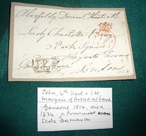 Signature on "Free post" front laid onto old album page. Addressed to the author Lady Charlotte B...