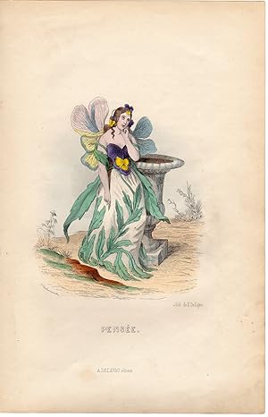 Antique Print-FLOWERS PERSONIFIED-LADY IN THOUGHT-VIOLET-PENSEE-Grandville-1852