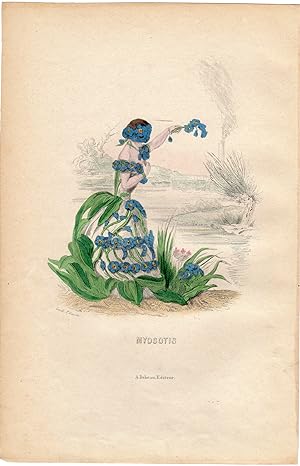 Antique Print-FLOWERS PERSONIFIED-WOMAN AS FORGET-ME-NOT-Grandville-1852