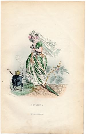 Antique Print-FLOWERS PERSONIFIED-WOMAN-MIMOSA-SENSITIVE-SNAIL-Grandville-1852
