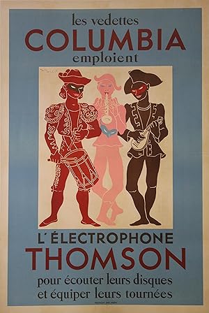 "Les Vedettes COLUMBIA emploient l'électrophone THOMSON" Affiche originale entoilée / Litho par R...