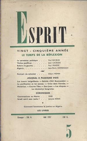 Revue Esprit. 1957, numéro 5. Le temps de la réflexion, par Paul Ricoeur, Jean Lacroix, Paul Frai...