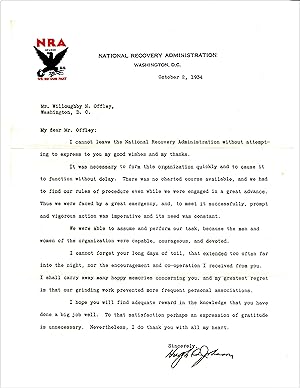 TYPED LETTER SIGNED BY HUGH S. JOHNSON, HEAD OF THE NATIONAL RECOVERY ADMINISTRATION (NRA)
