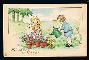 Children with Rabbits & Watering Can Easter Postcard