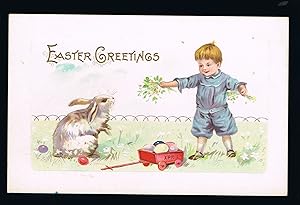 Boy Feeding Rabbit with Wagon of EggsEmbossed Easter Postcard