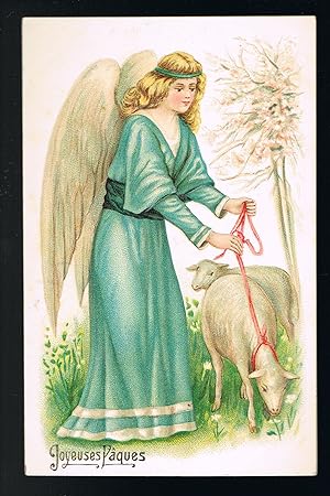 Angel with Lambs on Leads French Easter Embossed Postcard