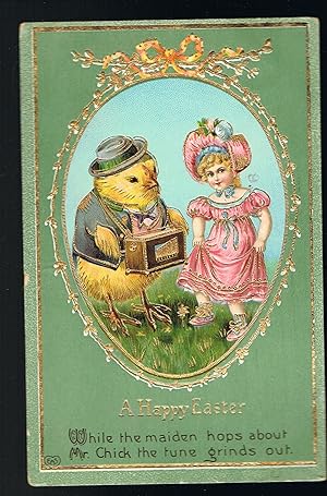 Easter Chick with Barrel Organ & Dancing Girl Embossed Easter Postcard