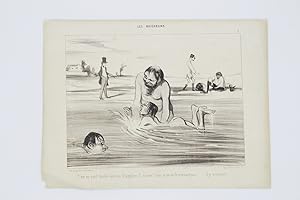 Lithographie originale en noir et blanc - Les baigneurs - "C'est un petit diable un vrai Dauphin;."