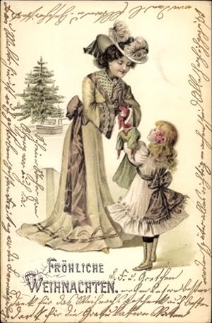 Litho Frohe Weihnachten, Mädchen mit Puppe, Tannenbaum