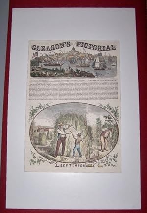 HARVESTING CORN in SEPTEMBER / Boston City and Boston Harbor [Hand Colored Wood Engraving]