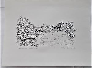 Print Pen & Ink Drawing "Amsterdam Canal" (1985) With Pencil Signature Of Artist Ron Blumberg