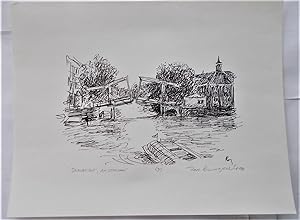 Print Pen & Ink Drawing "Drawbridge, Amsterdam" (1985) With Pencil Signature Of Artist Ron Blumberg