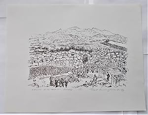 Print Pen & Ink Drawing "Ruins With Tourist" (Greece, 1985) With Pencil Signature Of Artist Ron B...