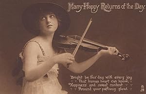 Violin Player Glamour Greetings Happy Birthday Antique Postcard