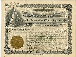 The Laurentian Water & Power Co. stock certificate