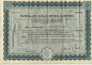McMillan Gold Mines stock certificate