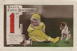 Baby's First Birthday Toy Dog On String Real Photo Old Postcard