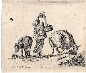Antique Master Print-WOMAN PEASANT WITH DONKEYS-MULES-della Bella- c. 164447
