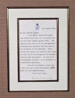 A handsomely framed 15 August 1912 typed, hand-emended, and signed letter from then-First Lord of...