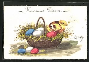 Künstler-Ansichtskarte Handgemalt: Osterküken mit Ostereiern im Korb, Ostergruss