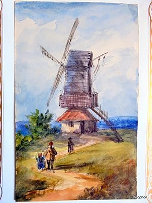Watercolour. Figures and Windmill in English Landscape (The Sussex Downs?) c1860-80