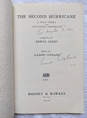 AARON COPLAND **SIGNED & INSCRIBED** Second Hurricane: A Play Opera in Two Acts MUSICAL SCORE
