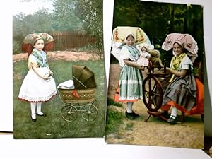 Spreewaldbilder. Set 2 x Alte Ansichtskarte / Postkarte farbig, 1 x Mädel in Tracht mit Puppenwag...
