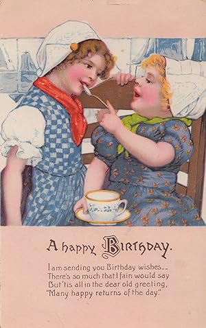 Children Sharing A Silver Teaspoon Birthday Cup Of Tea Old Postcard